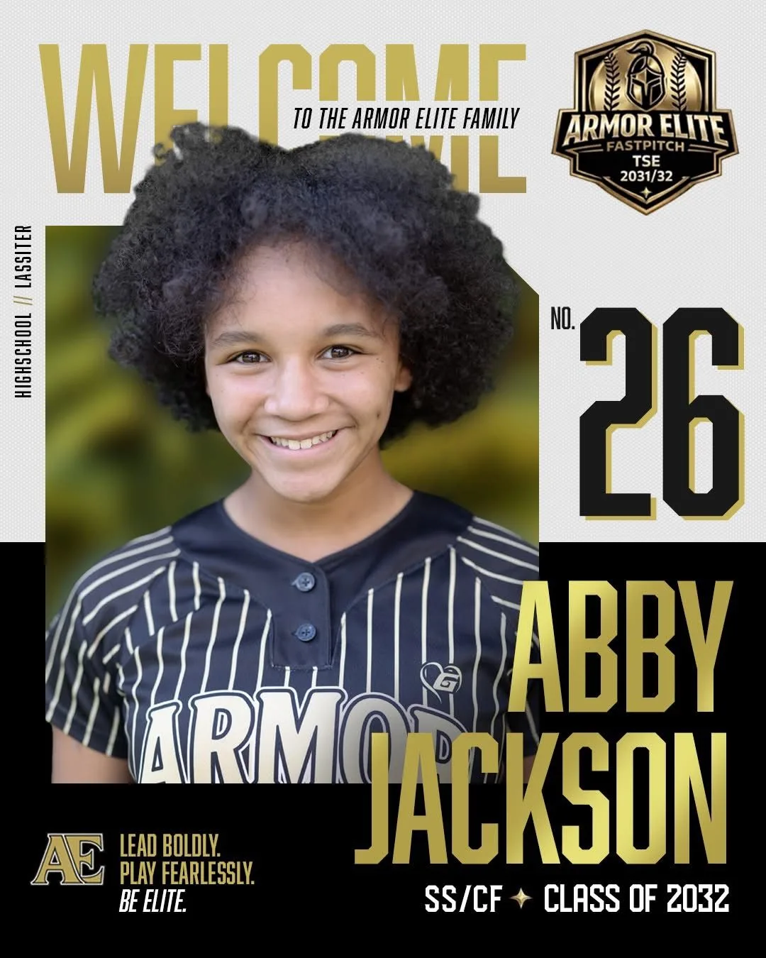 Armor Elite softball feature graphic showing Abigail Jackson in uniform as No. 26, SS/CF, Class of 2032
